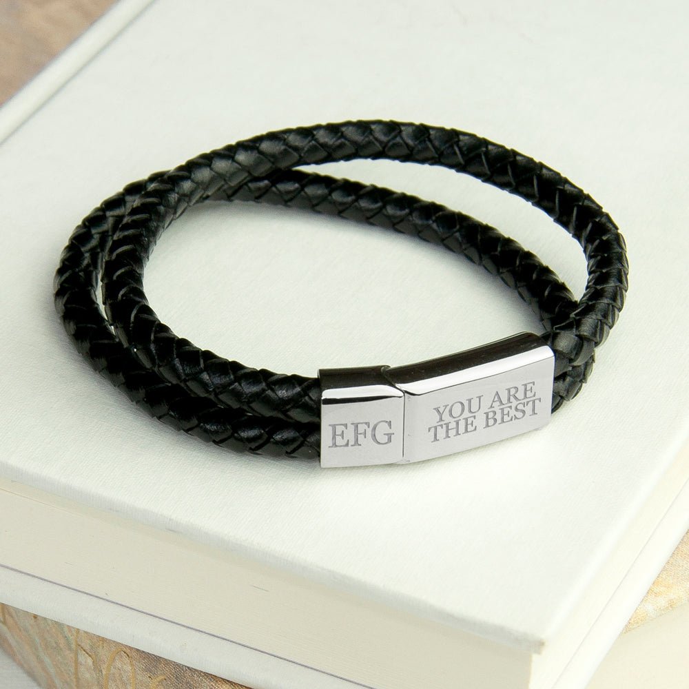 Personalised Men's Woven Black Leather Bracelet - Engraved Memories