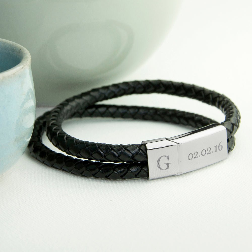 Personalised Men's Woven Black Leather Bracelet - Engraved Memories