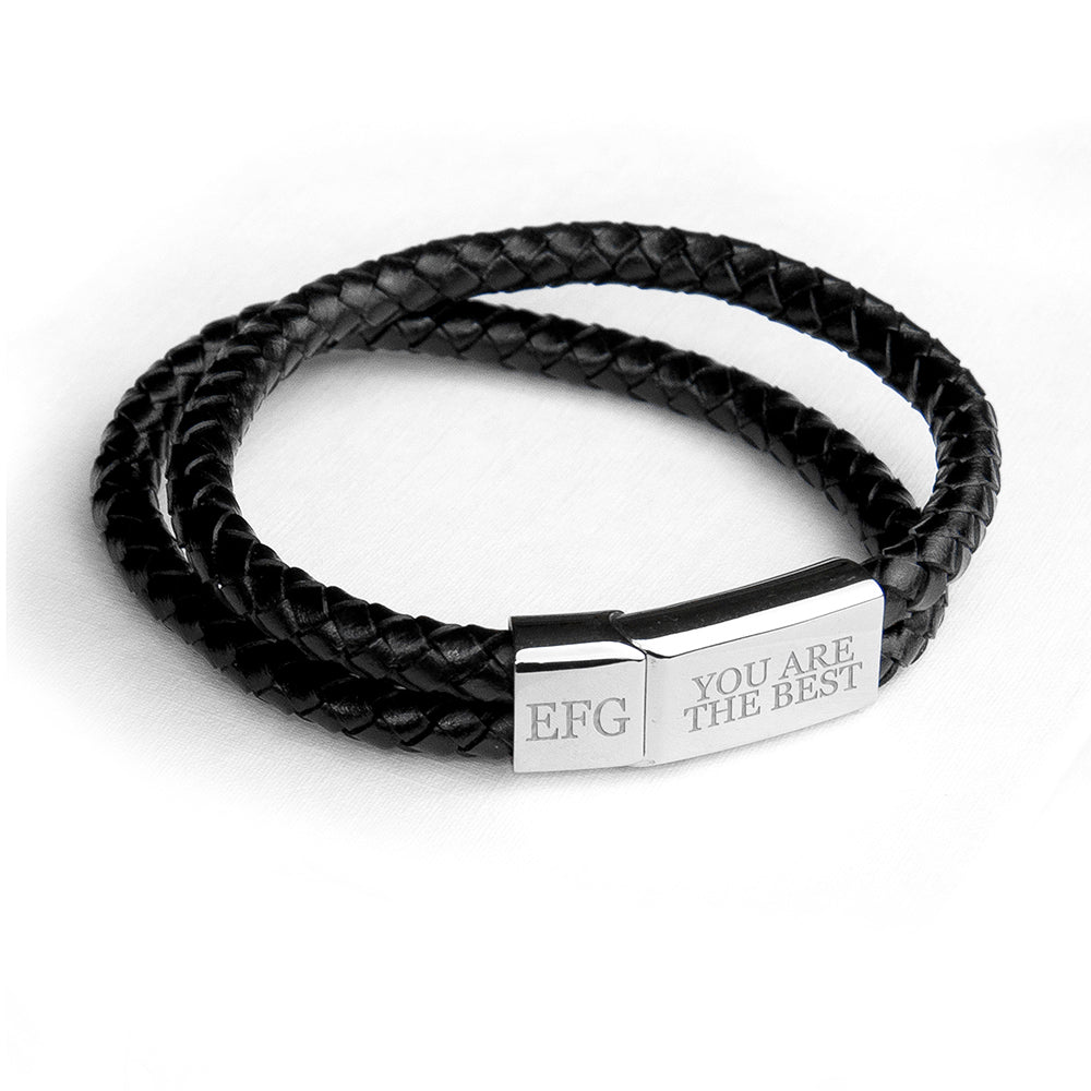Personalised Men's Woven Black Leather Bracelet - Engraved Memories