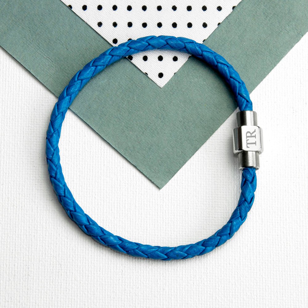 Personalised Men's Woven Leather Bracelet in Cobalt Blue - Engraved Memories
