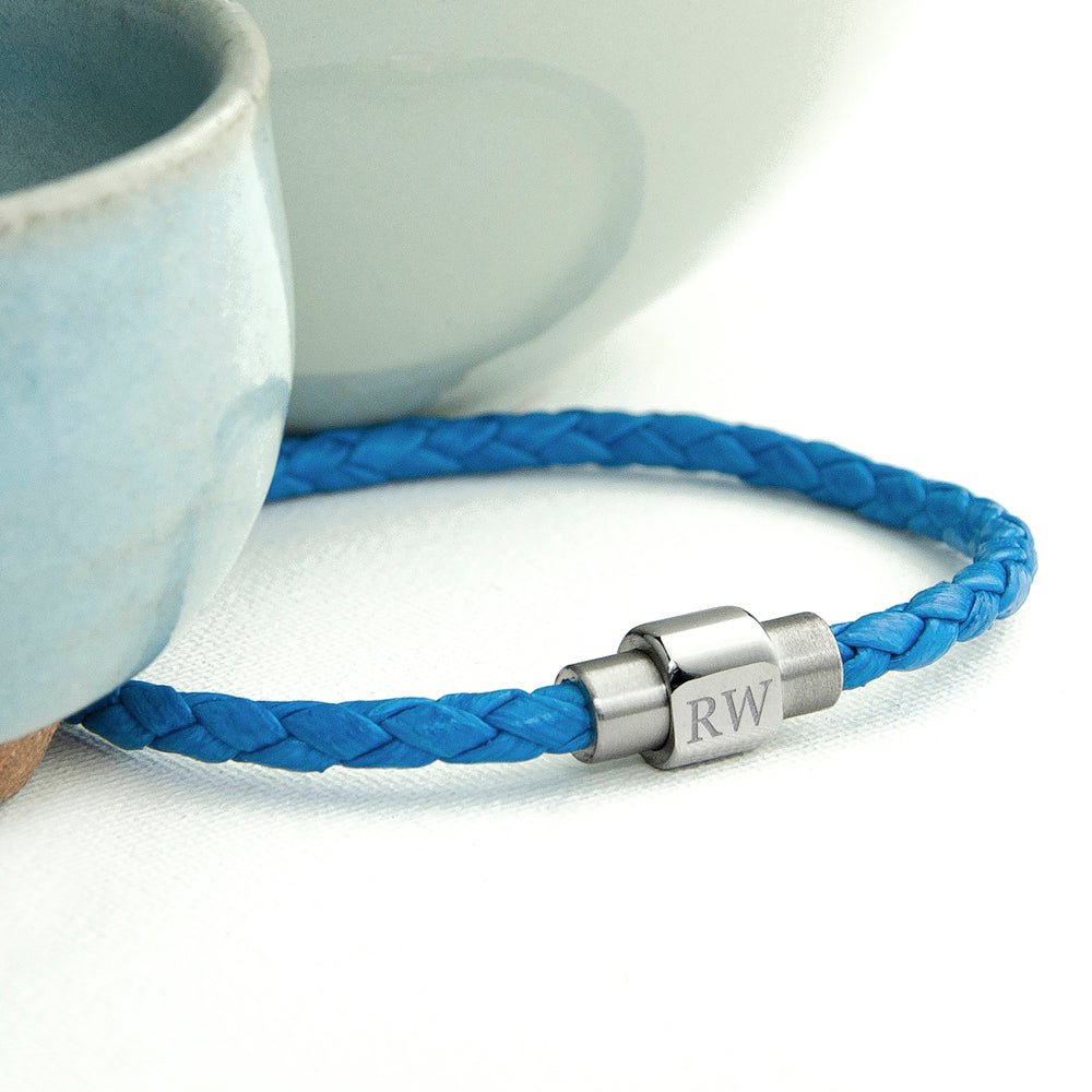 Personalised Men's Woven Leather Bracelet in Cobalt Blue - Engraved Memories