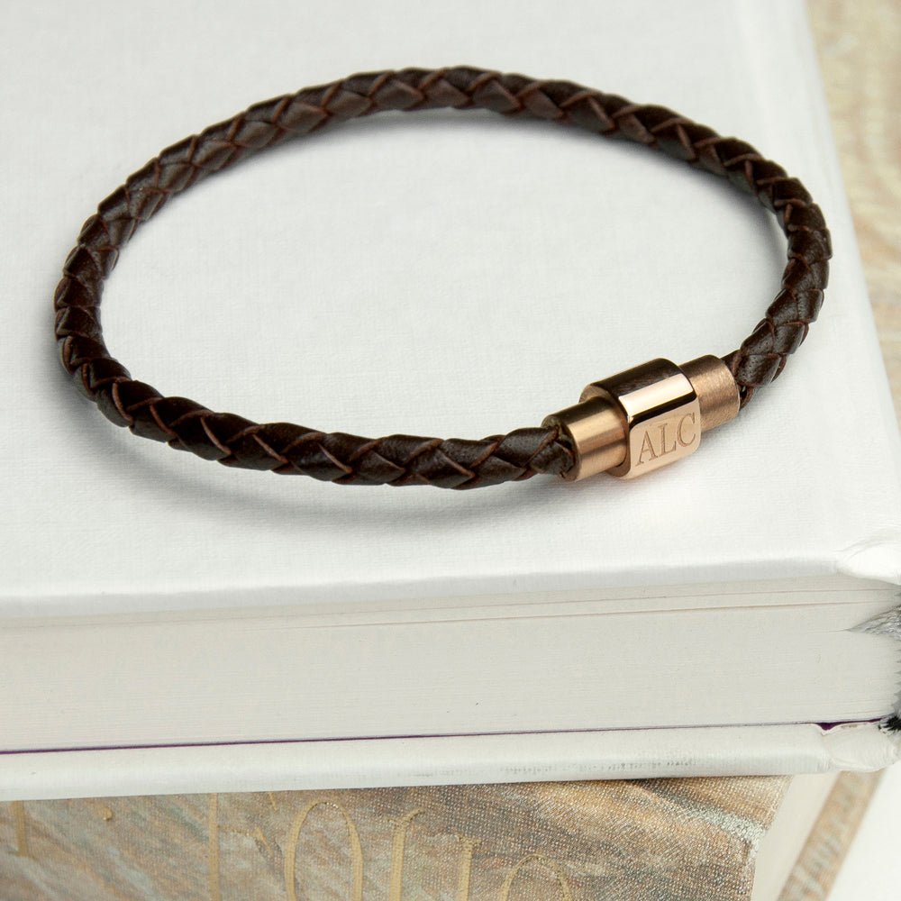 Personalised Men's Woven Leather Bracelet with Rose Gold Clasp - Engraved Memories