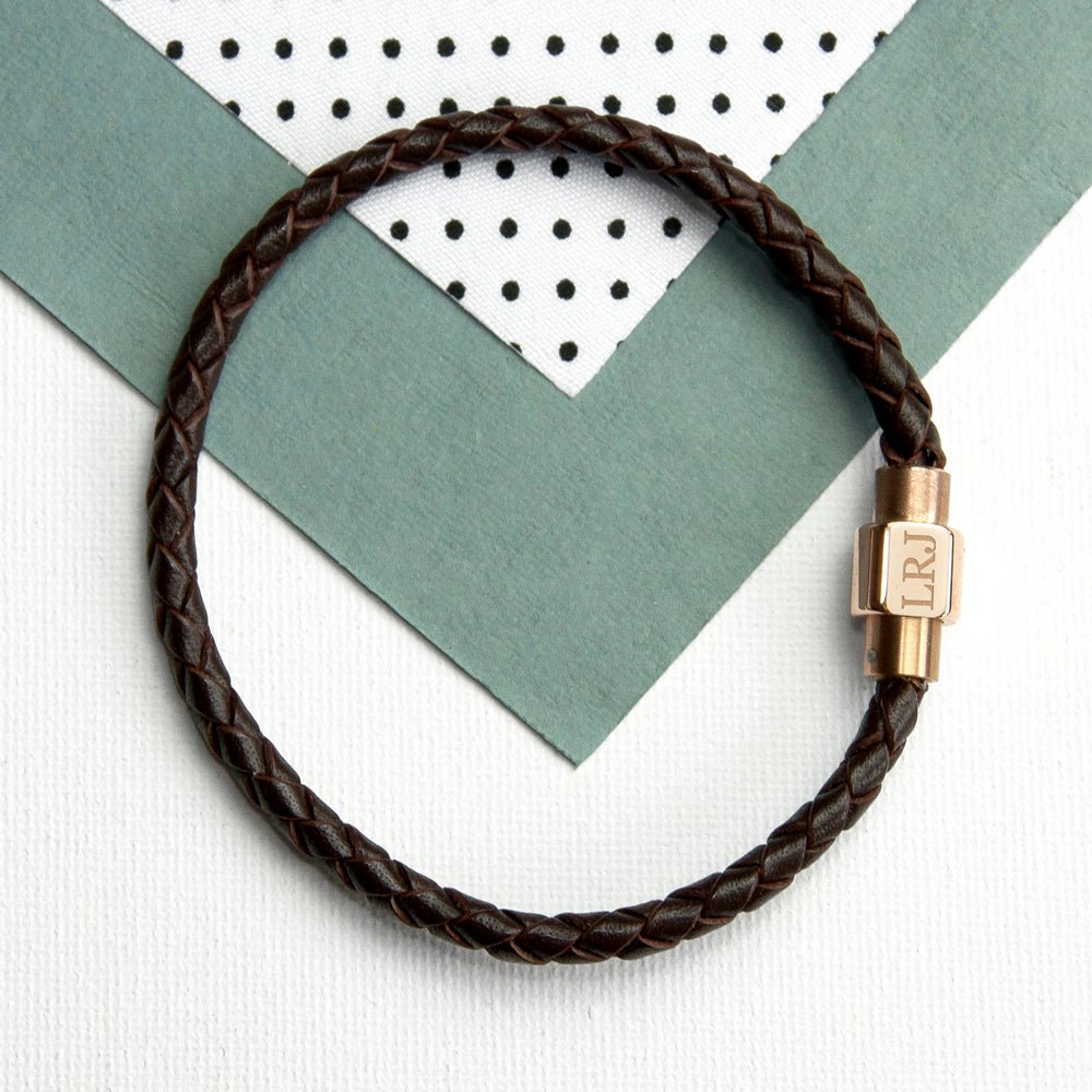 Personalised Men's Woven Leather Bracelet with Rose Gold Clasp - Engraved Memories