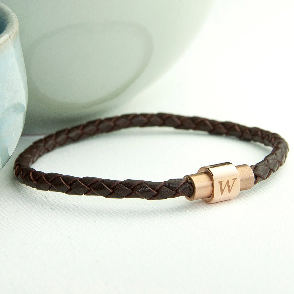 Personalised Men's Woven Leather Bracelet with Rose Gold Clasp - Engraved Memories