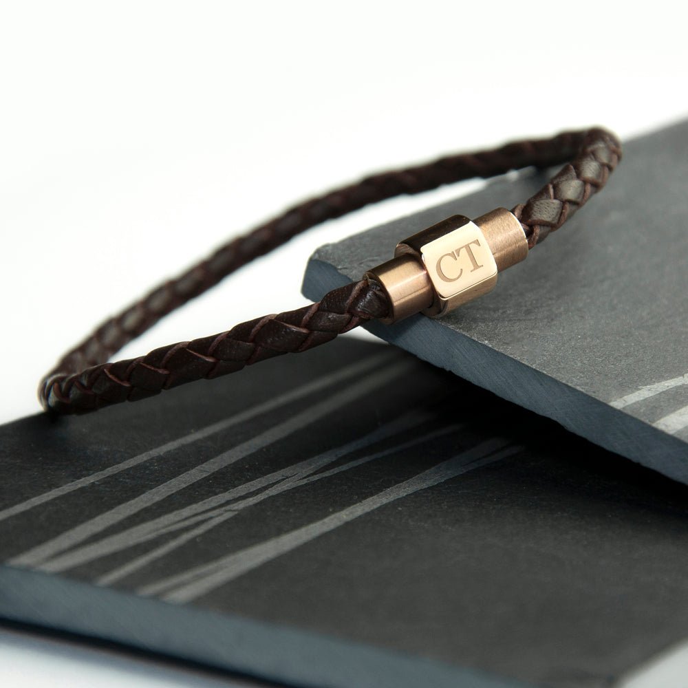 Personalised Men's Woven Leather Bracelet with Rose Gold Clasp - Engraved Memories