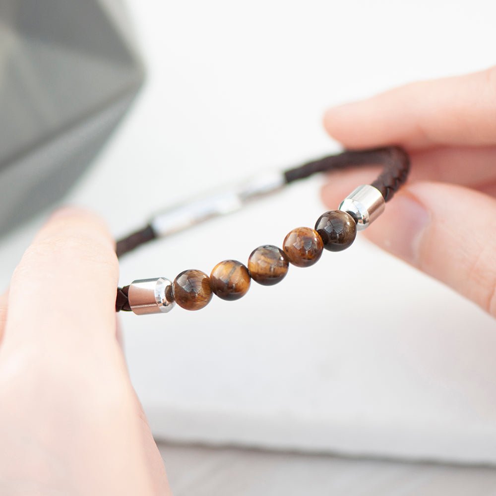 Personalised Men's Woven Tiger's Eye Bracelet - Engraved Memories