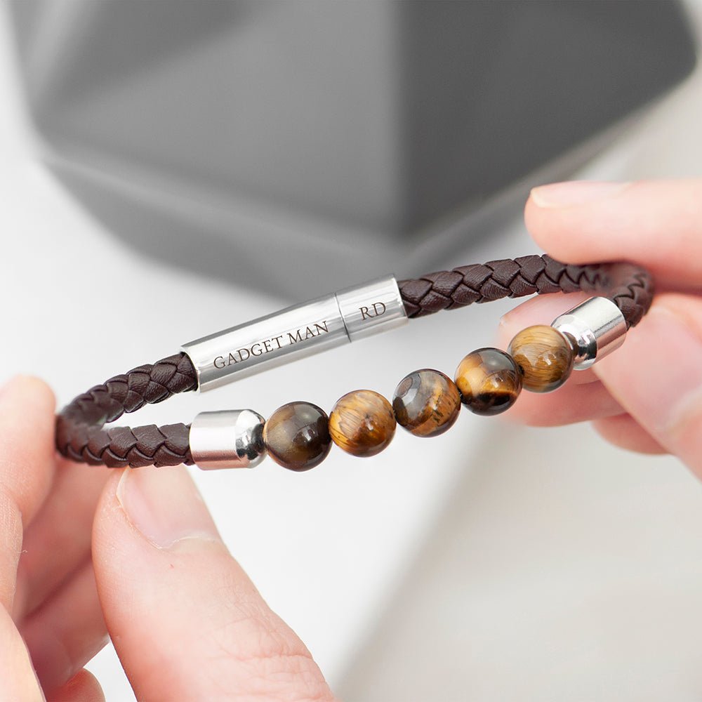 Personalised Men's Woven Tiger's Eye Bracelet - Engraved Memories