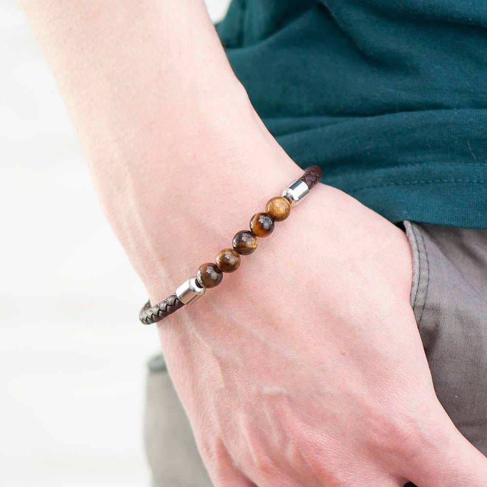 Personalised Men's Woven Tiger's Eye Bracelet - Engraved Memories