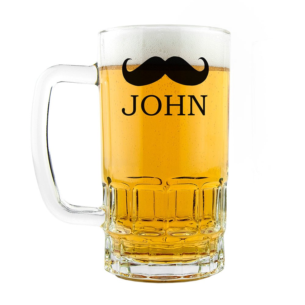 Glass mug with a mustache design and the name 'John' on a white background