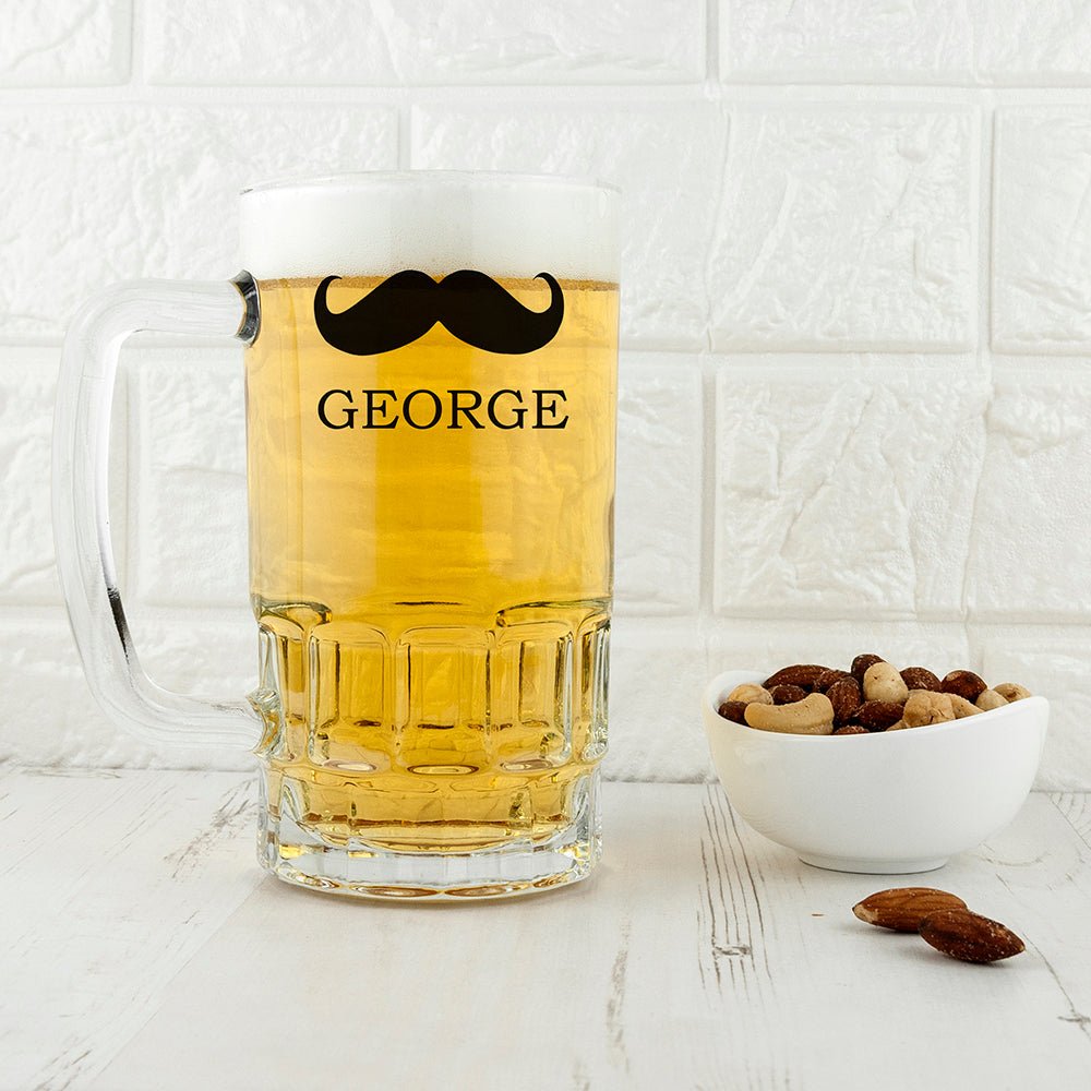 One-pint glass tankard with fun moustache print