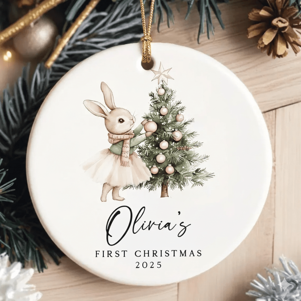 Christmas ornament with a rabbit and tree, personalized for 'Olivia's First Christmas 2025', on a decorated tree branch.