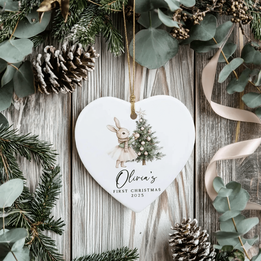 Heart-shaped ornament with a rabbit and tree design, surrounded by Christmas decorations on a wooden surface.