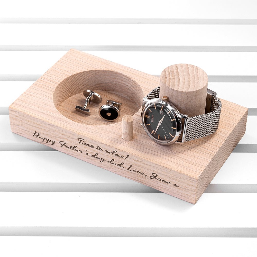 Personalised Oak Wood Watch Stand - Engraved Memories