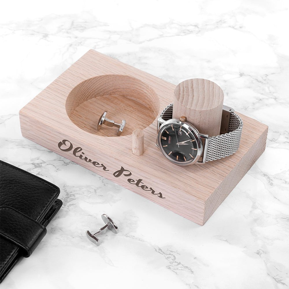 Personalised Oak Wood Watch Stand - Engraved Memories