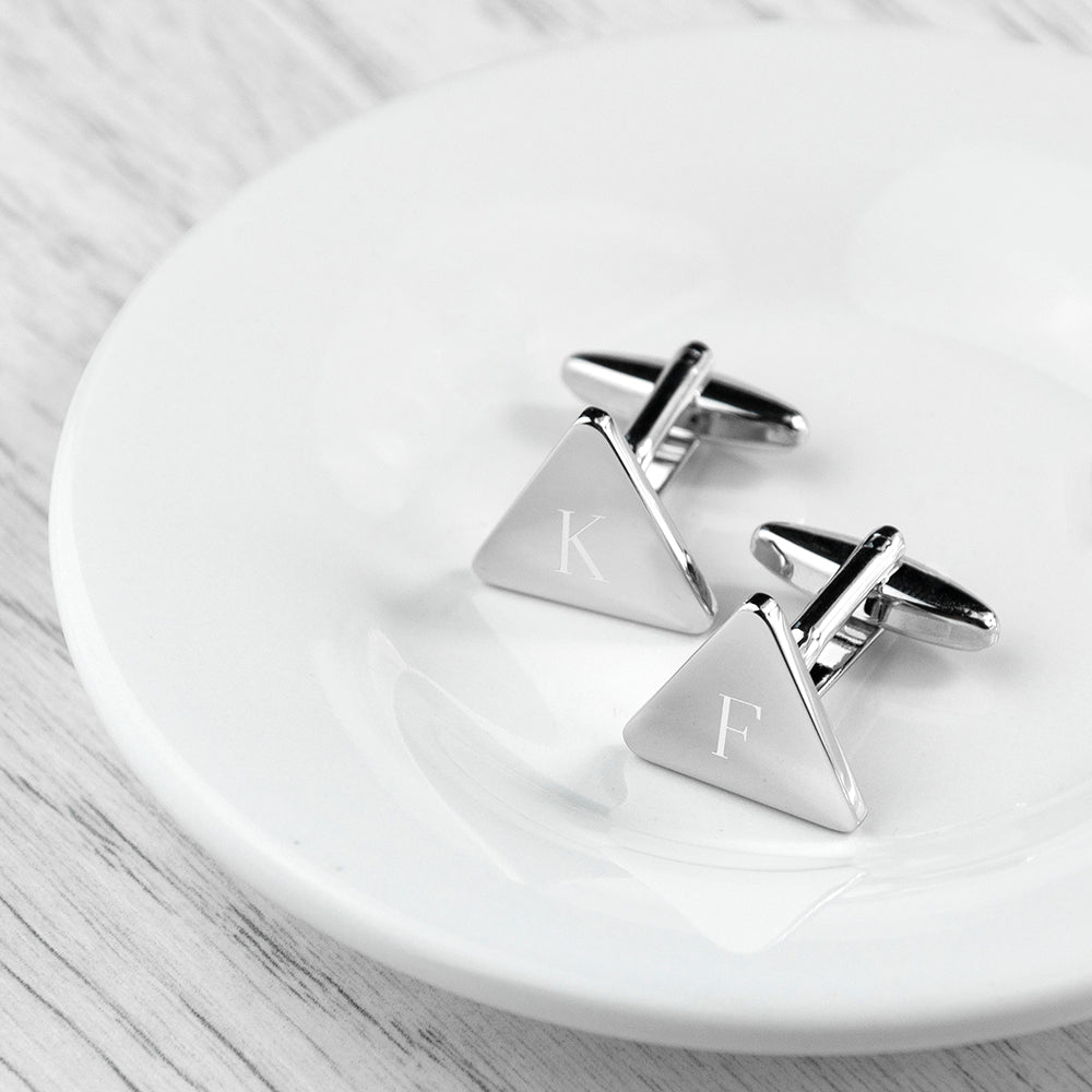 Custom rhodium triangular cufflinks, 2×2cm, engraved initials