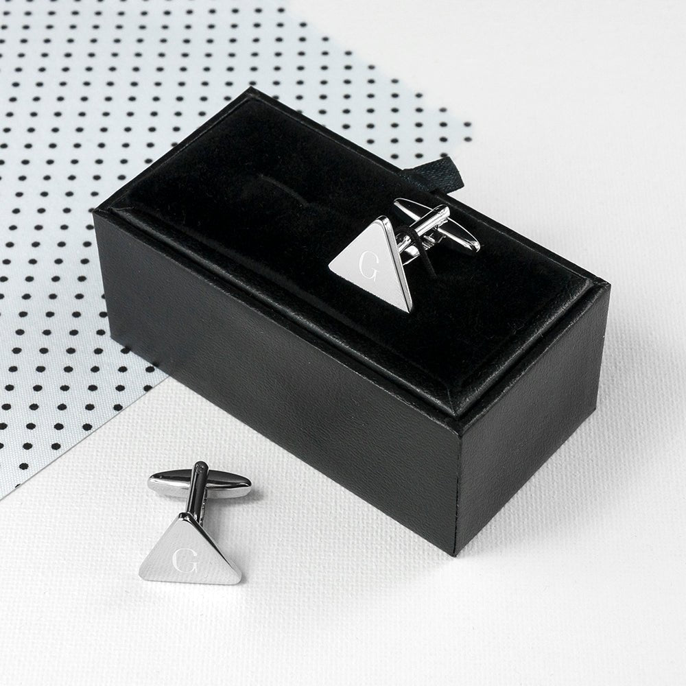 Rhodium triangle cufflinks, up to 2 initials, gift box included