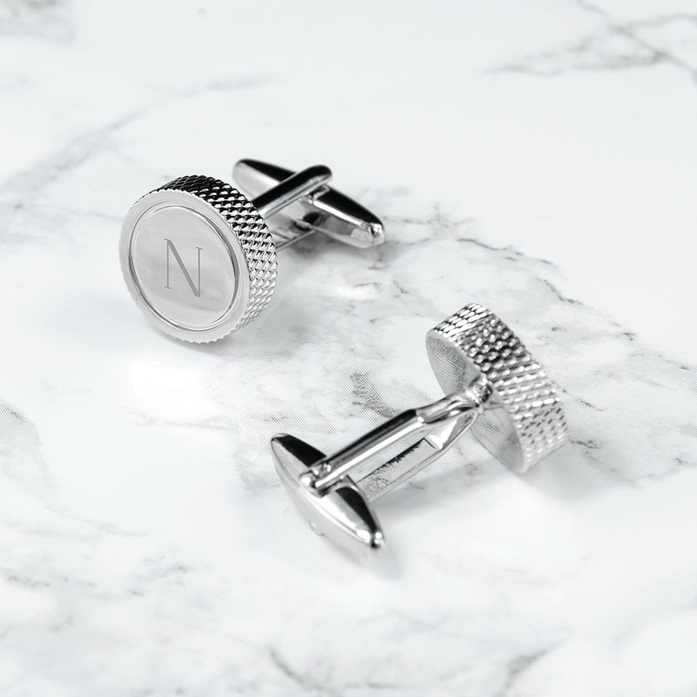 Textured rhodium cufflinks for men, custom engraved initials gift