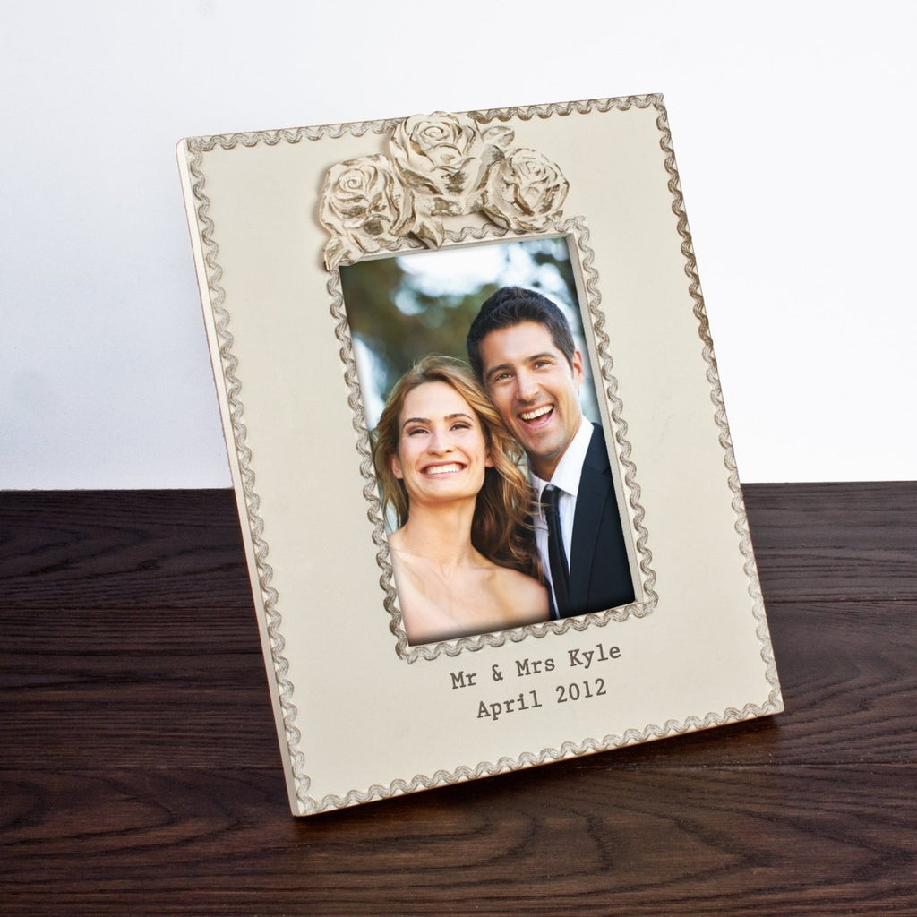 Rustic wooden photo frame with roses and custom engraving