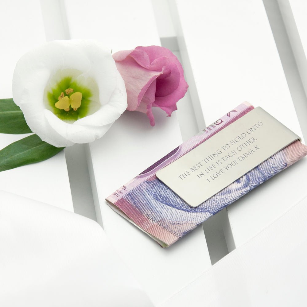 Personalised sixpence money clip, silver plated, engraved front and back