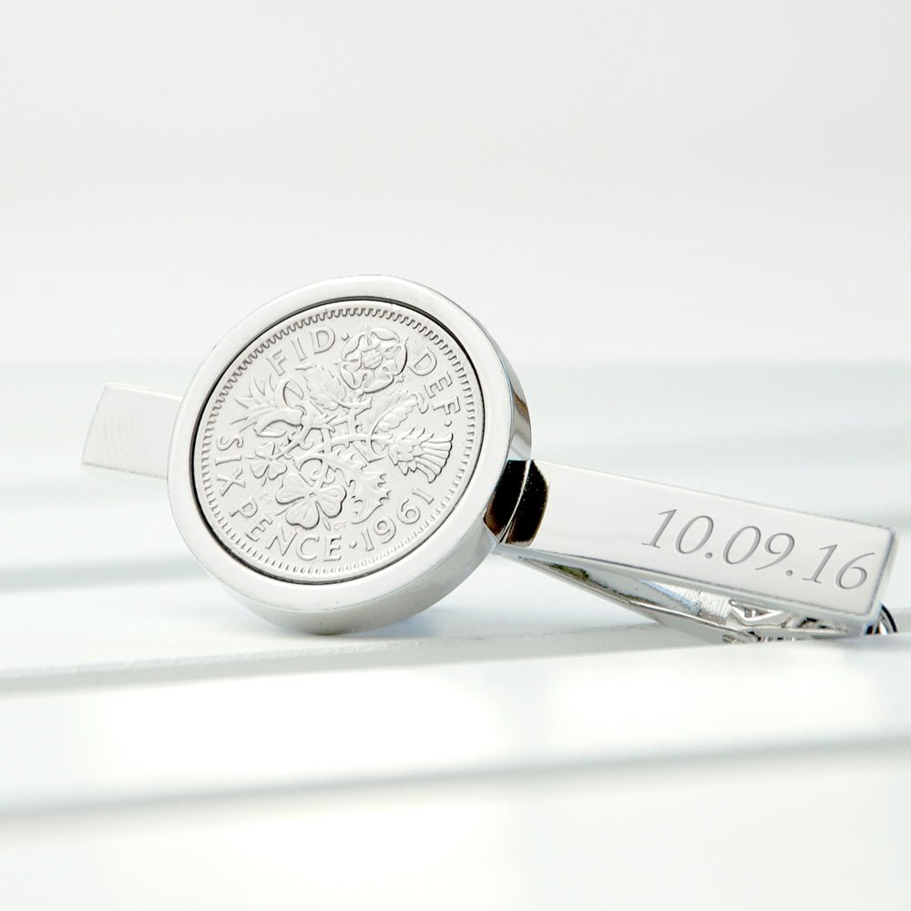 Sixpence tie clip for groom, silver plated, personalised gift