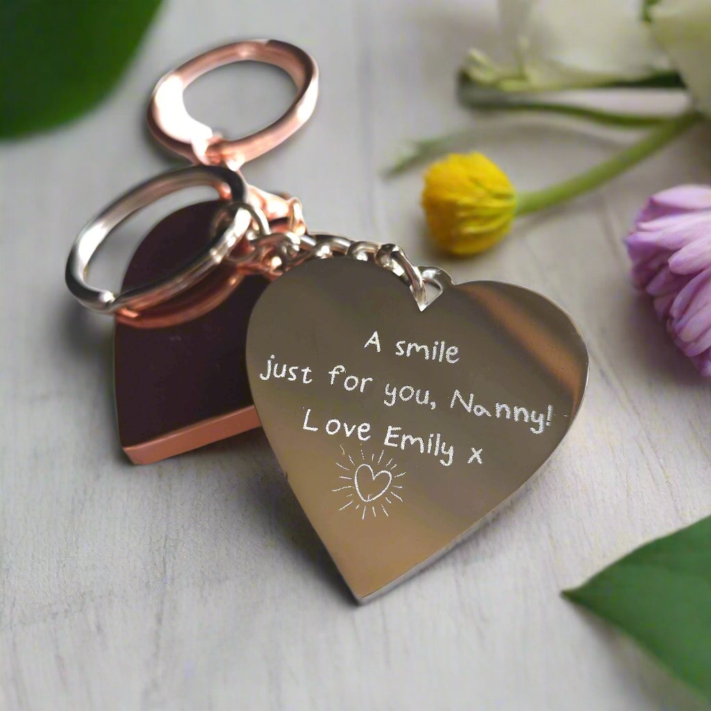 Personalized heart-shaped silver keyring with engraved special date, message, and photo, mirror polished stainless steel, 4cm x 2.5cm
