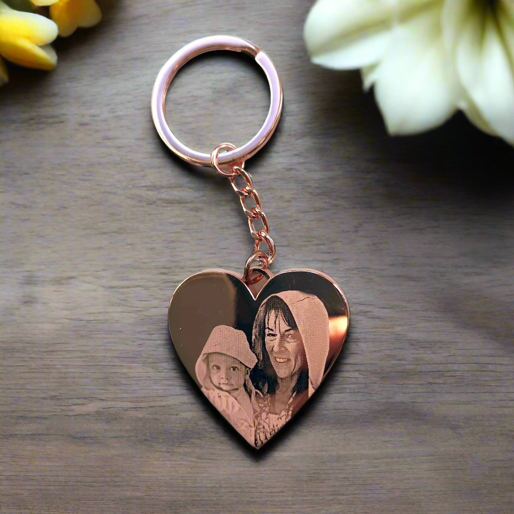 Personalized heart-shaped silver keyring with engraved special date, message, and photo, mirror polished stainless steel, 4cm x 2.5cm