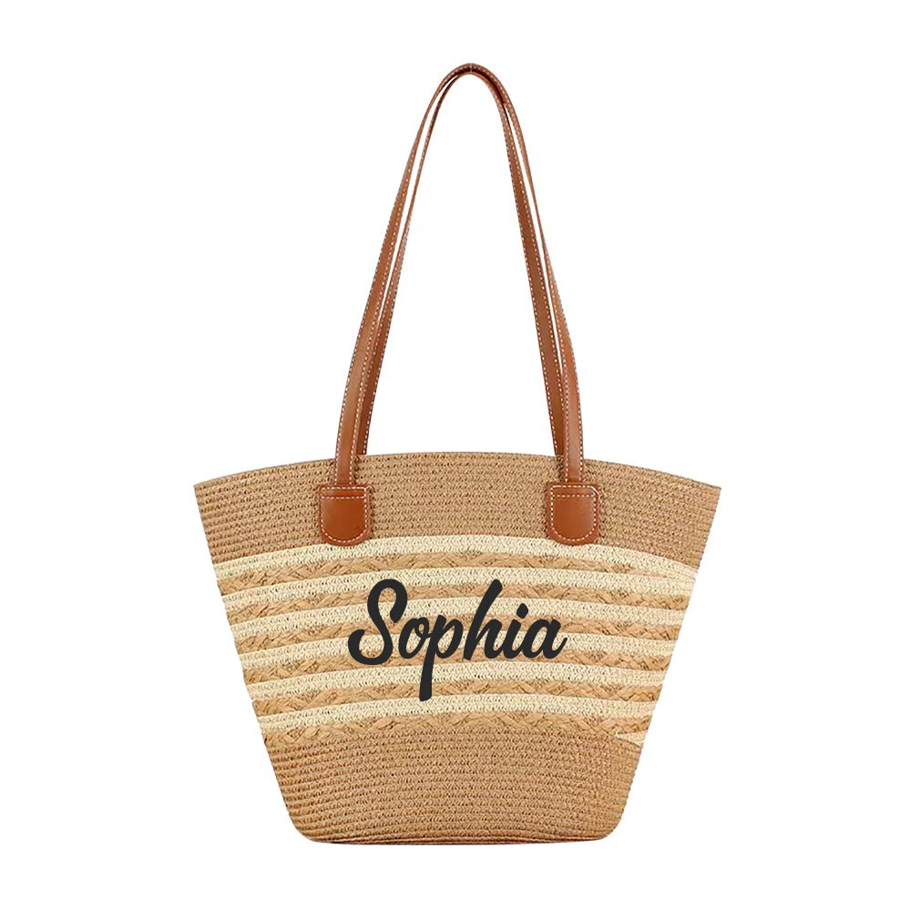Personalised Straw Beach Bag – Custom Name Tote with Faux Leather