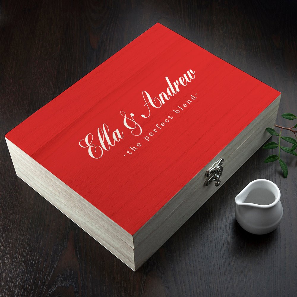 Wooden tea chest with names for wedding gift