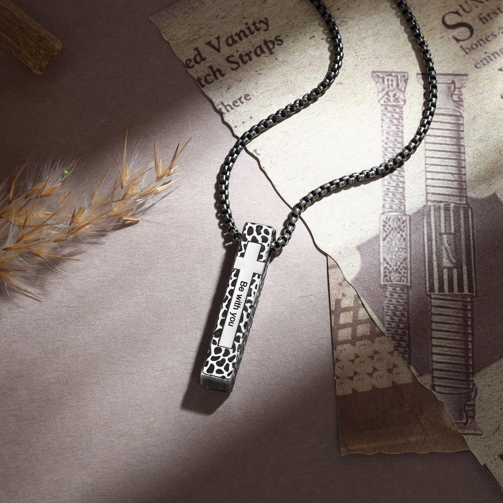 Personalized men’s bar necklace, 7×1×40mm, custom engraved retro steel pendant