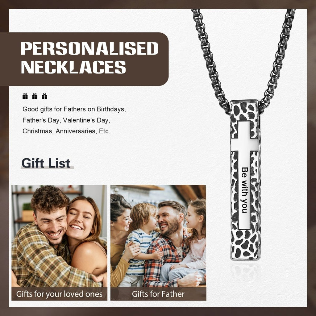 Retro finish vertical bar necklace, 7×1×40mm, engraved men’s jewelry