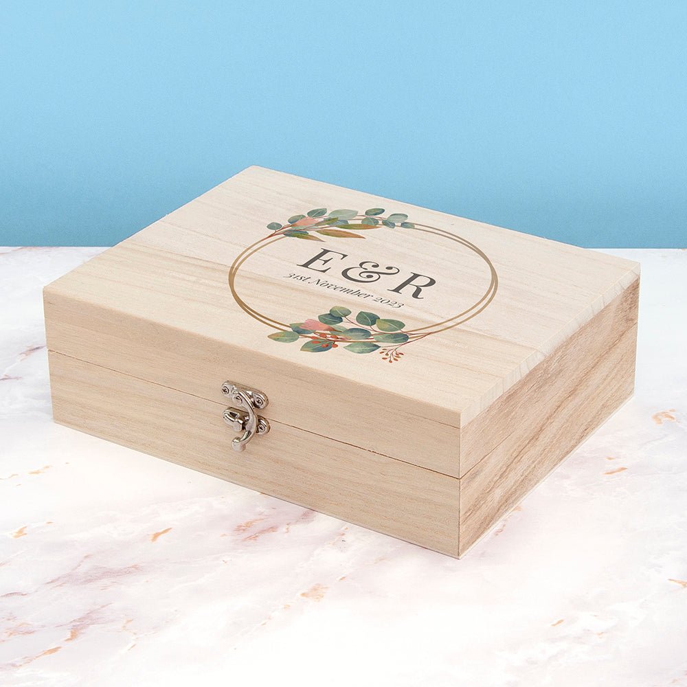 Wooden memory box engraved with wedding date and names