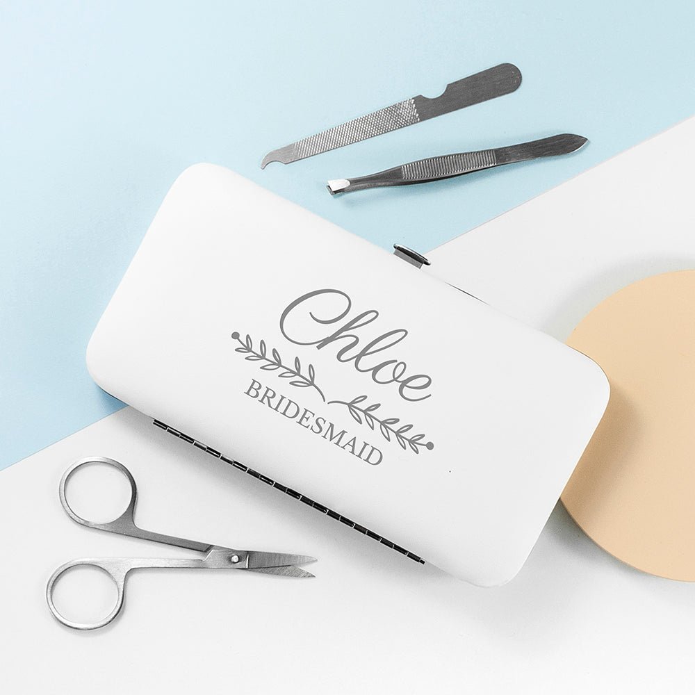 White bridal manicure set with custom name