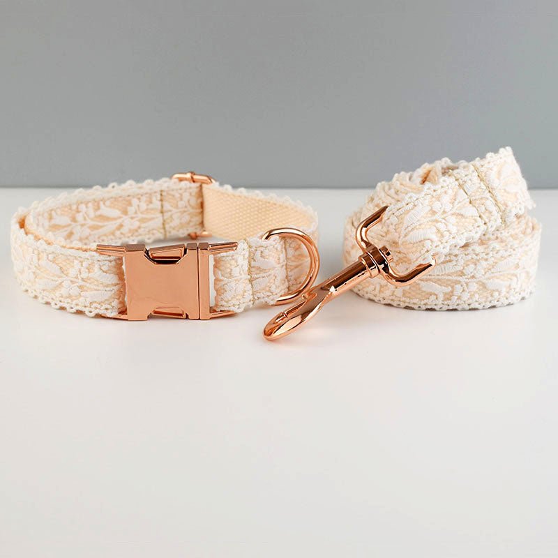 Dog collar and leash set with rose gold hardware on a light gray background