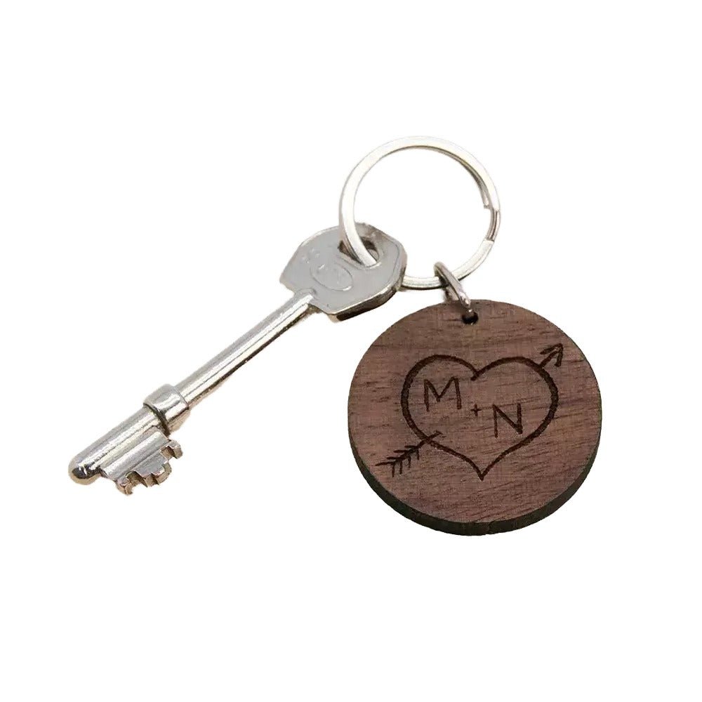 Walnut wood keyring, personalised love initials and 35-char message