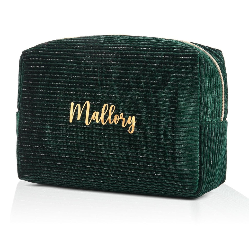 Custom name corduroy cosmetic bag, dark green velour, personalized, 16.5153.5cm, 41g.