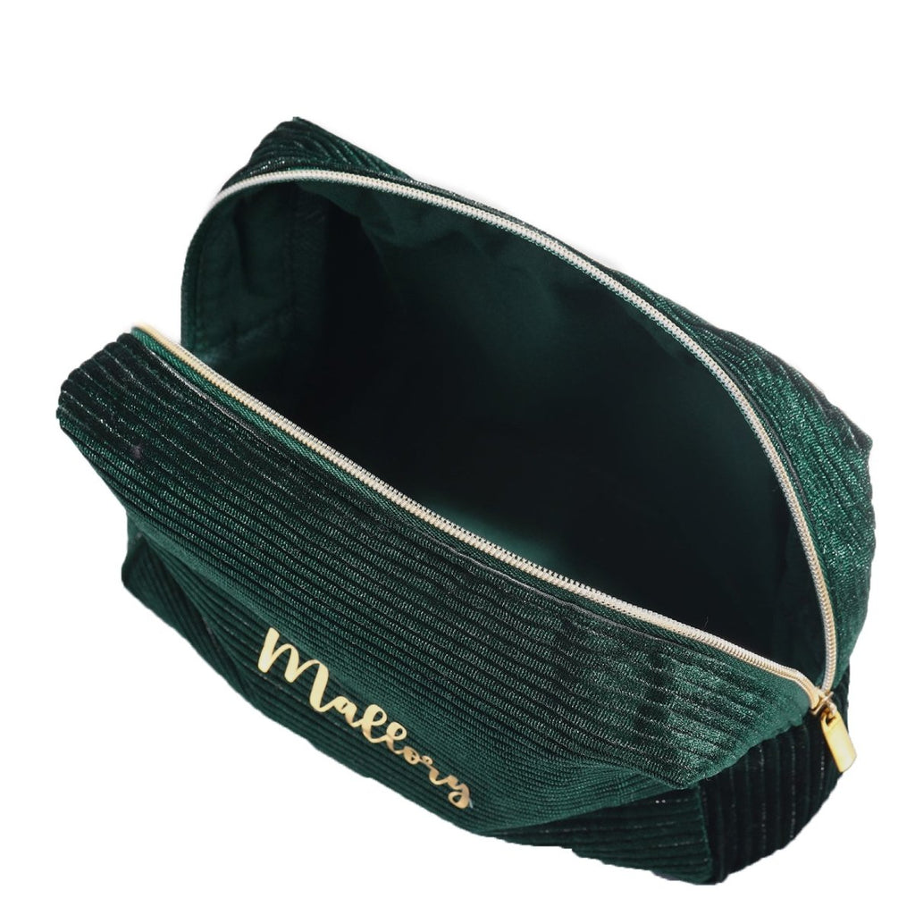 Custom name corduroy cosmetic bag, dark green velour, personalized, 16.5153.5cm, 41g.
