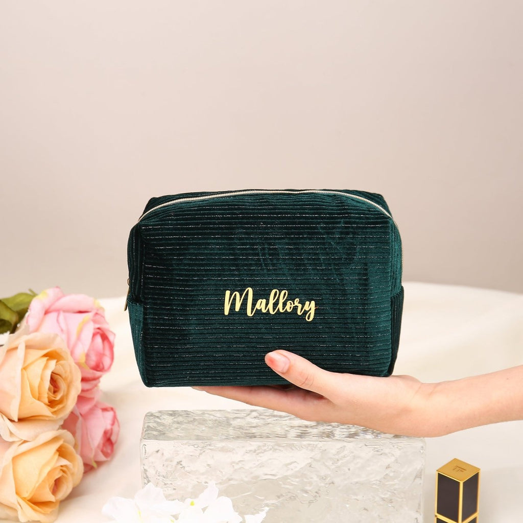 Custom name corduroy cosmetic bag, dark green velour, personalized, 16.5153.5cm, 41g.