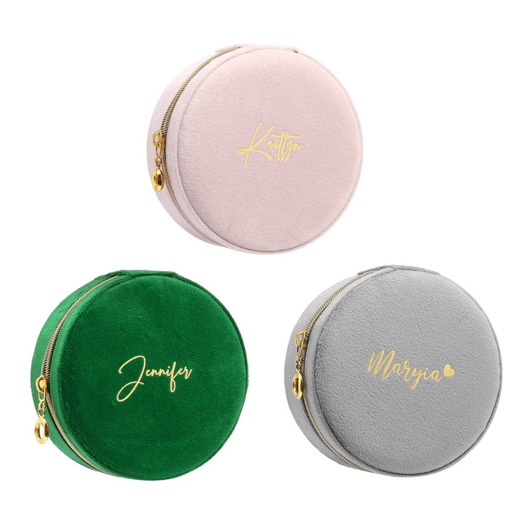 Custom name women velvet jewelry bag, fleece lining, grey/pink/green, 112.3g, 10.5x10.5cm.