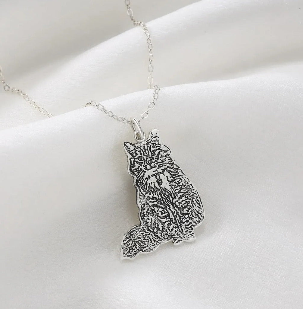Cutout pet portrait necklace, sterling silver engraved pendant, white gold, gold, or rose gold plated, 16-22 inch, 4g