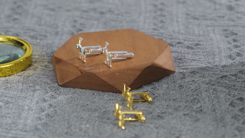 Personalized stainless steel cufflinks with custom cutout initials, 28x19mm, 3.9g weight.