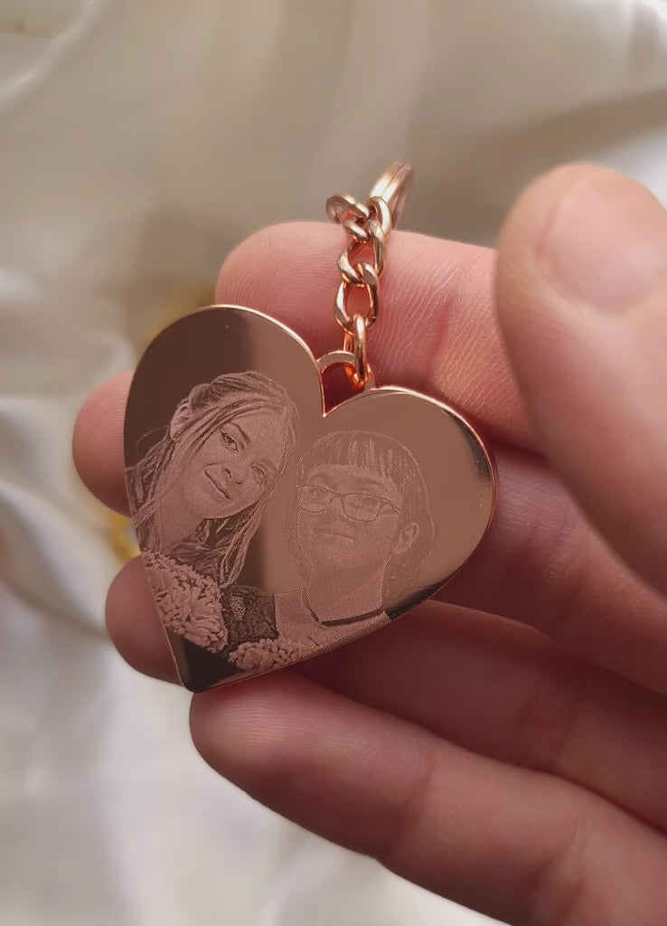 Personalized heart-shaped silver keyring with engraved special date, message, and photo, mirror polished stainless steel, 4cm x 2.5cm