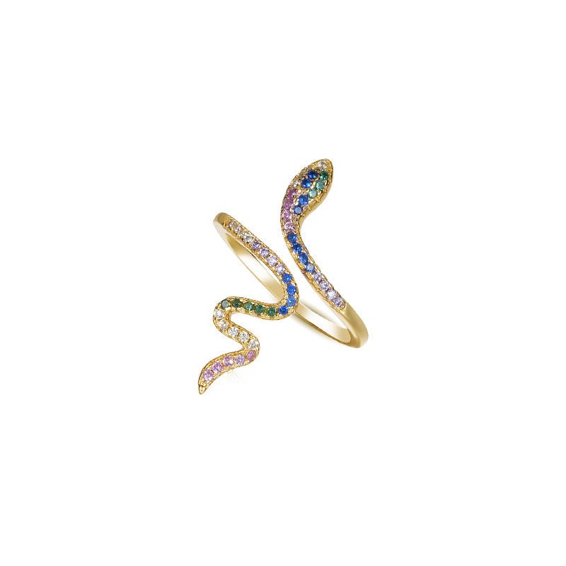 Gold-plated sterling silver snake ring with sparkling CZ stones—a striking symbol of power and allure.