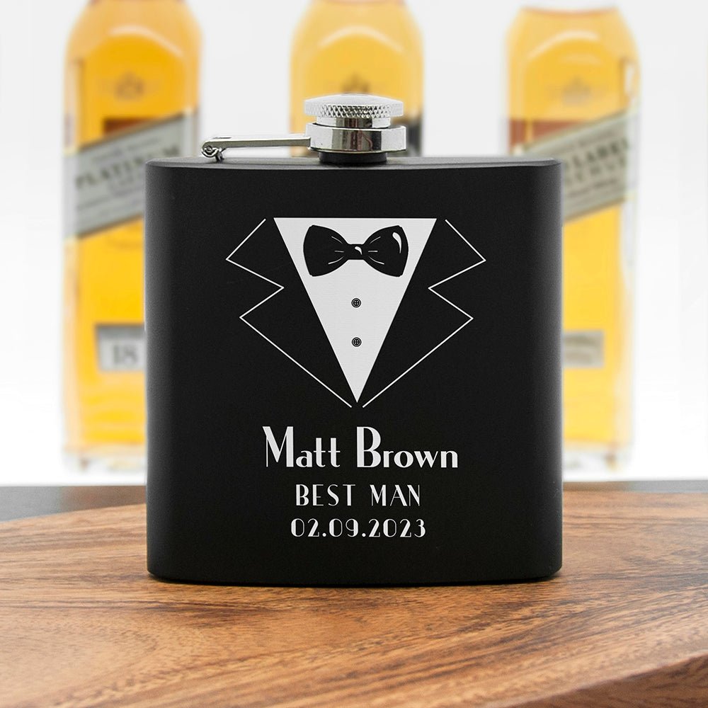Custom engraved hip flask, 6oz, black matte finish, wedding gift for men