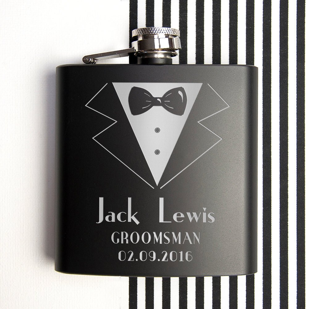 Black wedding hip flask, 6oz, suit design, custom engraved name
