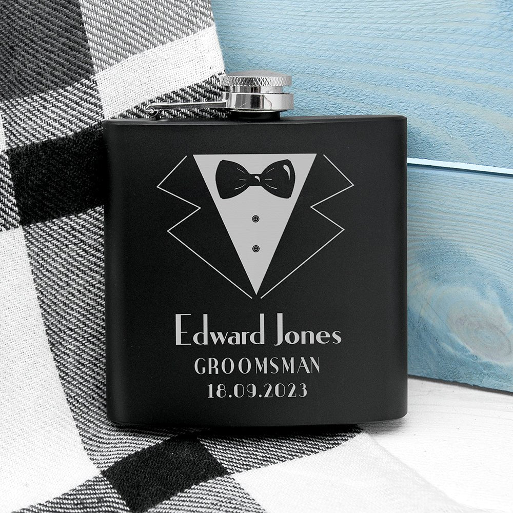 Best man hip flask, 6oz, 9cm, black matte with name and suit design