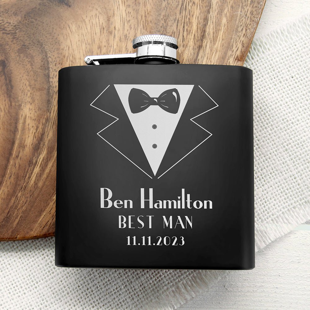 Stainless steel hip flask, 6oz, black finish, personalised for groomsmen
