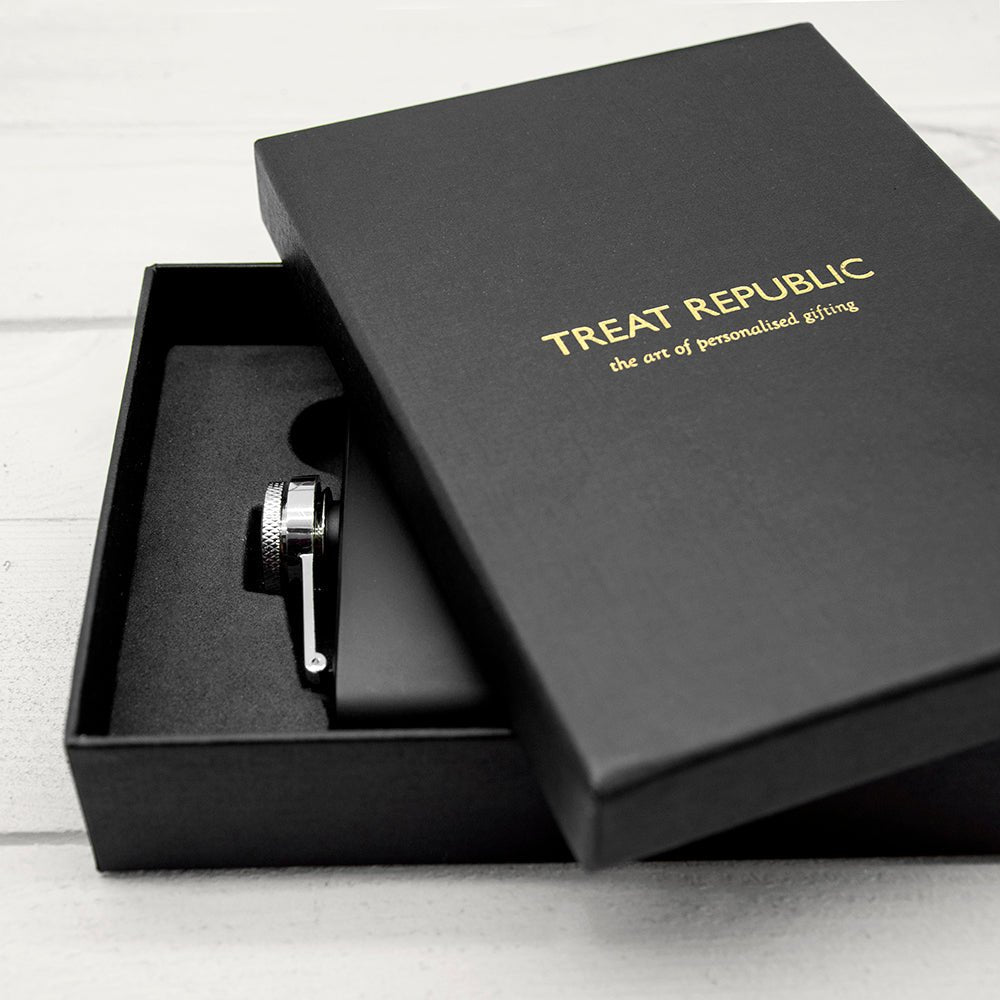 Matte black groomsman flask, 6oz, engraved with wedding date and name
