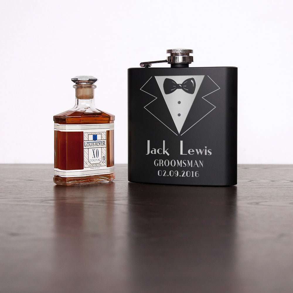 Personalised matte black flask, 6oz, custom gift for groomsman