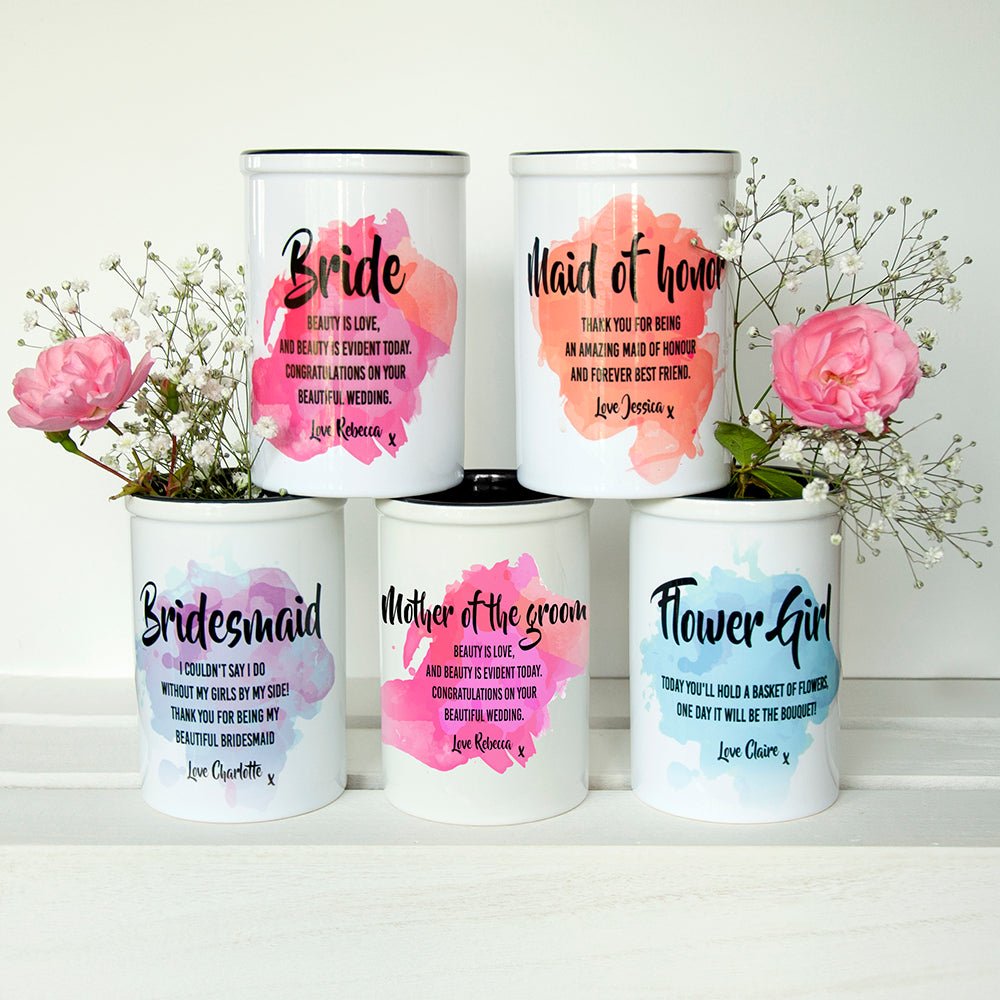 Personalised bridesmaid proposal bucket, 13×9cm ceramic with name and standard text