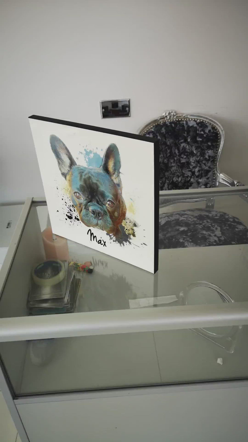 Personalized pet portrait glossy wooden photo panel, 29.5cm x 29.5cm, custom design with text.